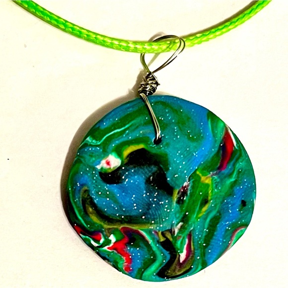 Green Yellow Pink Handmade Reversible Clay Necklace Unique One of a Kind - Picture 2 of 8